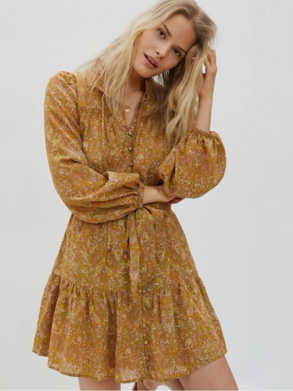 Anthropologie Calanthe Mini Shirtdress in Gold Size L